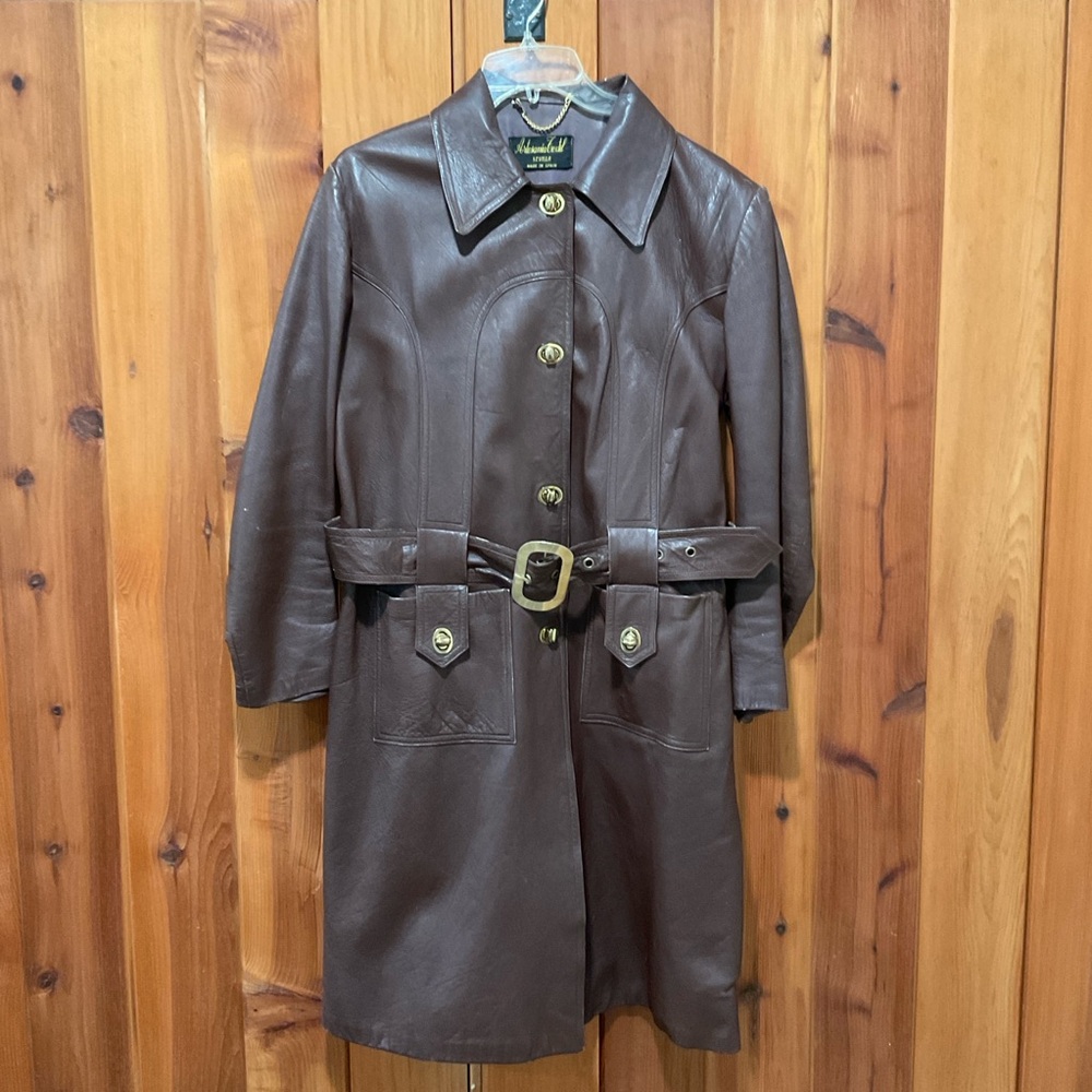 Vintage 70s Belted Leather Trench Coat Jacket Womens Large Made In Spain brown